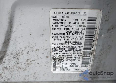 2013 Nissan Murano S from USA, damaged, VIN JN8AZ1MU0DW214183